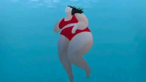 Tyke Films A still from the animated short film which shows a cartoon of Katie in a red bikini underwater.