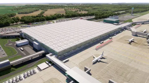 London Stansted Airport A CGI image of how the expanded airport will look. The main terminal building has a large white roof. To the right is where the planes are based. In the background there are car parks.