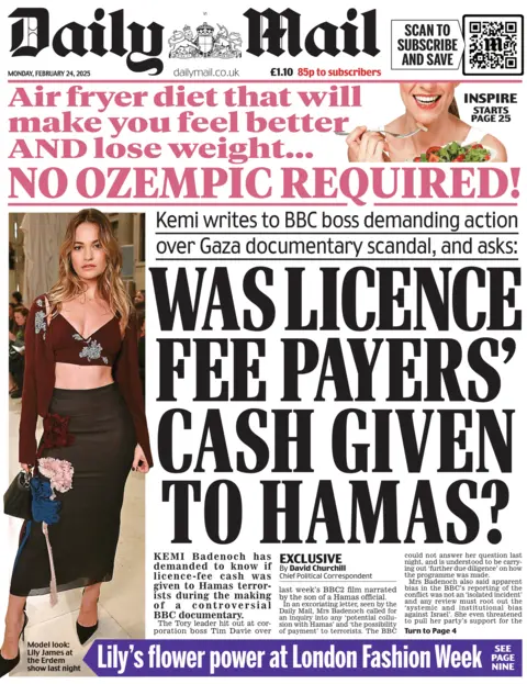 The front page of the Daily Mail newspaper. 