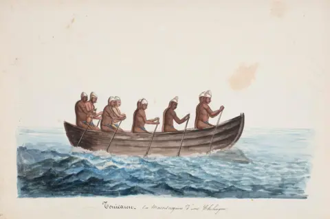 DAG The picture shows ten men in hats and loincloths rowing through surf, 1800.
