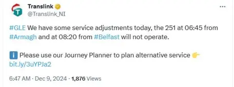 A screenshot of a tweet which outlines last minute cancellations to the 251 bus from Armagh to Belfast 