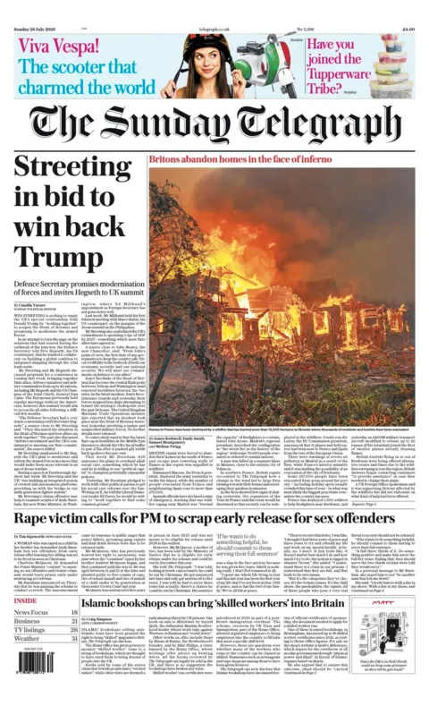 The headline on the front page of the Sunday Telegraph reads: "Streeting in bid to win back Trump."