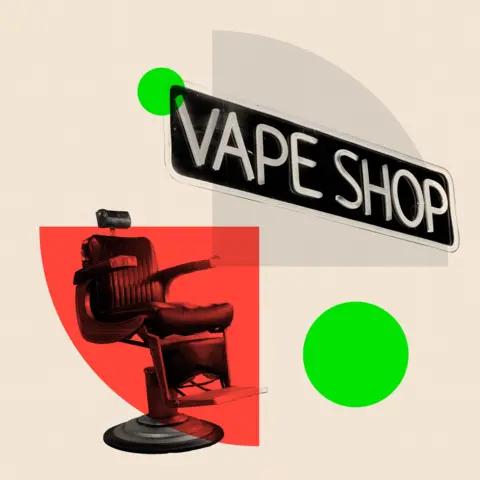 BBC A treated image showing a sign saying VAPE SHOP and a barber's chair