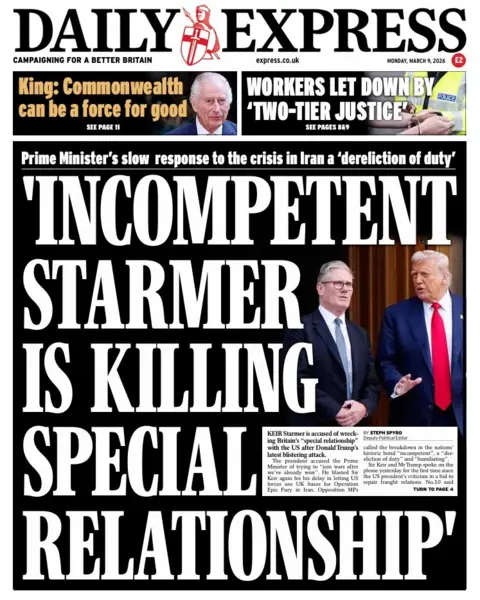 "'Incompetent Starmer is killing special relationship'," reads the headline on the front page of the Daily Express.