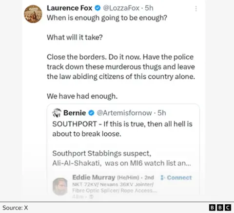 Tweet by Laurence Fox, which quote-tweets the earlier one by Bernie Spofforth. His post reads: 