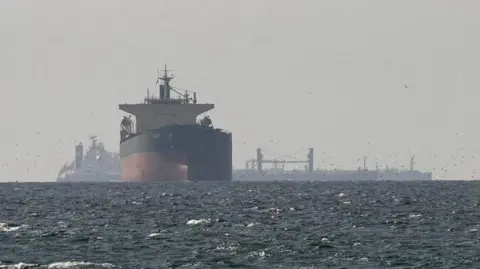 Reuters A red and white cargo ship is seen in the foreground, while other cargo ships can be seen in the background, in the Gulf, near the Strait of Hormuz