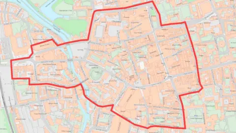 Thames Valley Police A map marking the specific areas where Section 35 will be enacted in the centre of Oxford in red.