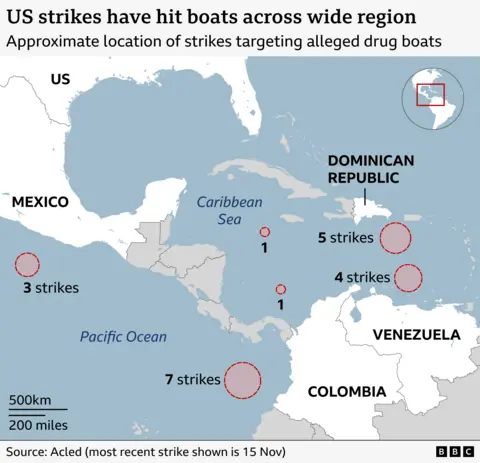 Map showing the approximate locations of US strikes on alleged drug boats across the Caribbean Sea and Pacific Ocean. Red circles mark strike clusters: three strikes off Mexico in the Pacific, seven strikes off the west coast of Colombia, two strikes near Central America in the Caribbean Sea, four strikes off the north coast of Venezuela and five strikes in the central Caribbean south of the Dominican Republic and Puerto Rico. Source: Acled (most recent strike shown is 15 Nov)