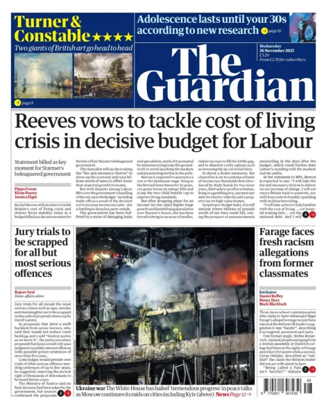 "Reeves vows to tackle cost of living crisis in decisive budget for Labour," reads the headline on the front page of the Guardian.