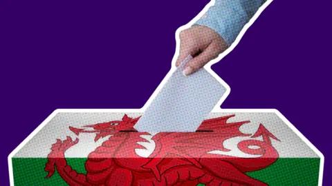 A hand holding a piece of paper over a box shaped like a ballot box, featuring a Wales flag