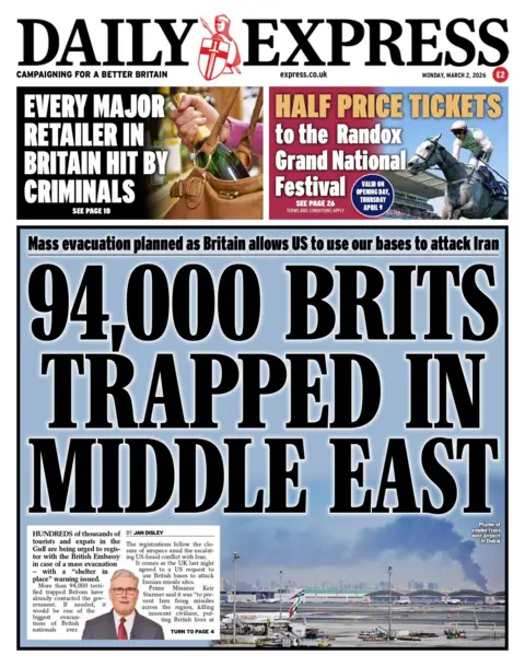 The headline on the front page of the Express reads: “94,000 Brits trapped in the Middle East”.