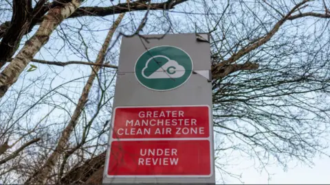 Reuters A red sign reading: 'Greater Manchester Clean Air Zone' and a second sign below, which reads 'Under Review'.