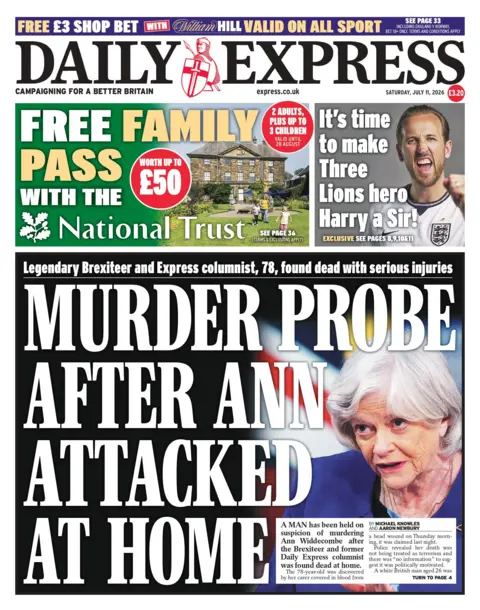 "Murder probe after Ann attacked at home," reads the headline on the front page of the Daily Express. 
