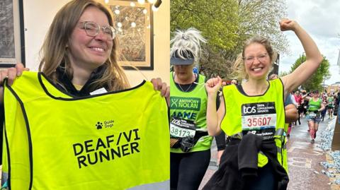 Composite image featuring Karolina Pakenaite with her hi-vis running jacket and smiling after completing the London Marathon