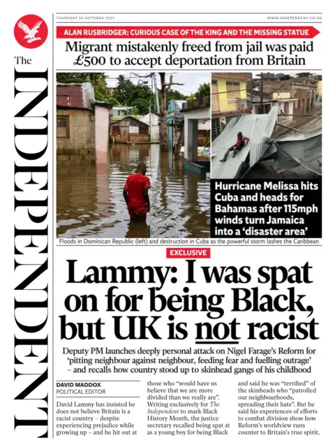 "Lammy: I was spat on for being Black, but UK is not racist" reads the headline on the front page of The Independent.