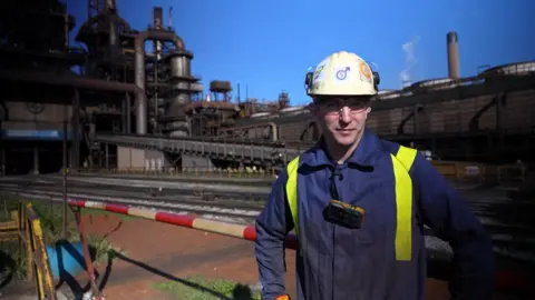 BBC James Raleigh outside Blast Furnace 4 in Port Talbot