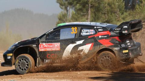 The Toyota Yaris of Elfyn Evans and co-driver Scott Martin at the 2024 Rally de Portugal