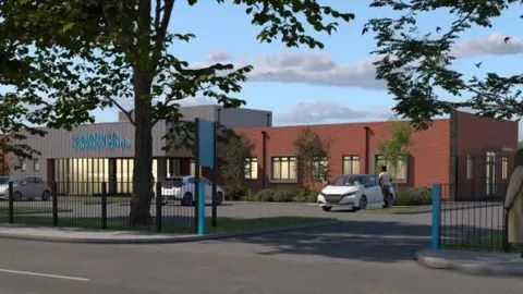 The CGI image features a grey one-storey complex attached to a red brick building. Three cars are parked in front of the buildings and several trees can be seen planed in the car park.