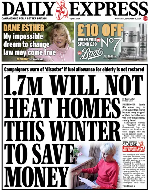 Daily Express headlines "1.7m volition  not vigor   homes this wintertime  to prevention  money". 