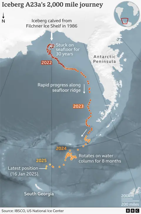 A graphic of a map showing Antarctica and the South Georgia Islands and the route of the A23a over time.