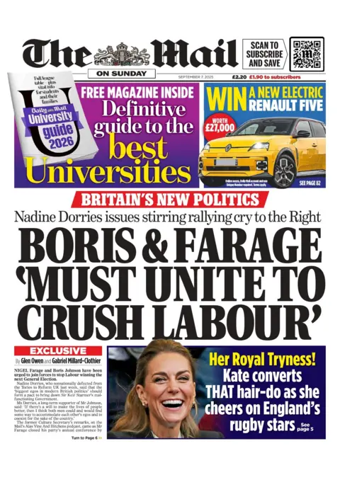 The headline on the front page of the Mail on Sunday reads: "Boris & Farage 'must unite to crush Labour'."