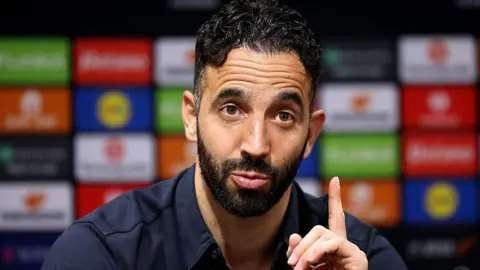 Manchester United head coach Ruben Amorim speaking before the Europa League final with Tottenham