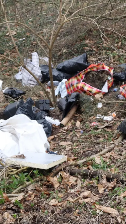Rubbish dumped in woodland.