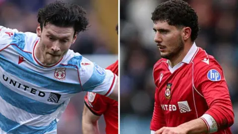 Kieffer Moore (L) and Liberato Cacace in action for Wrexham