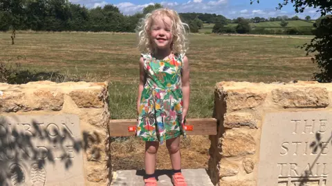 A little girl with blonde hair standing on a stone stile with the words 'THE STILE TRAIL' carved into one side. There is an open field of grass behind her, with trees in the distance