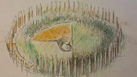 OCA/Chris Fern An artist's impression of an Anglo-Saxon burial surrounded by wooden stakes. It is circular in shape and in the middle is grass. The artist has also shown a cross section, revealing the sandy-coloured interior of the barrow and the small burial chamber in the middle holding a burial urn.