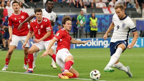 Harry Kane scores against Denmark