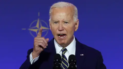 US President Joe Biden delivers remarks at the NATO 75th Anniversary ceremony