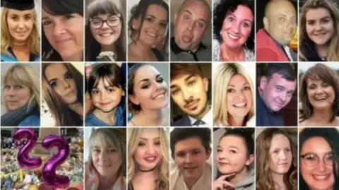 Family handouts A photograph of each victim who was killed in the Manchester Arena bombing has been included in a collage. All the photographs have been released by their families. In the bottom left-hand corner is a picture of the tributes including flowers and balloons that were left in the city centre shortly after the attack.