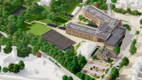 St Leonard's Catholic School A CGI of how the new school building could look. A main U-shaped building stands to the north of playing fields and sports facilities.