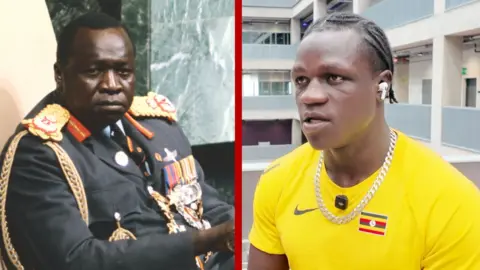 A composite image showing Idi Amini in military dress with medals on his chest and Ugandan boxer Aziz Abdul in a yellow training top with the Ugandan flag on his left breast and a big chain around his neck