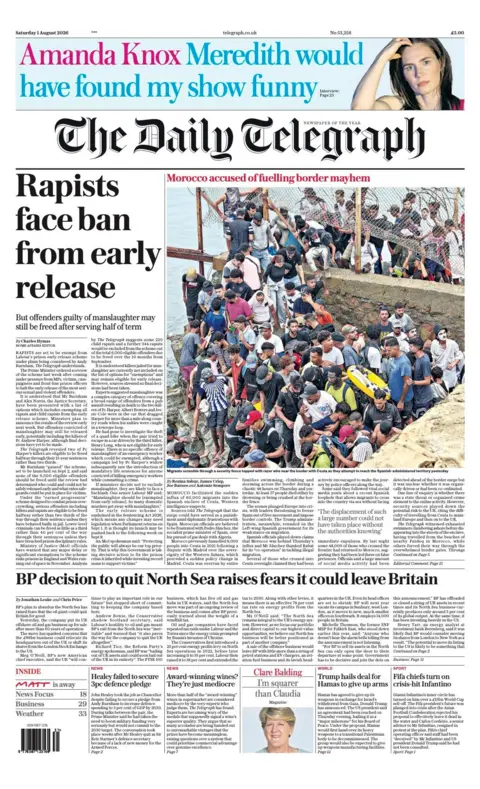 The headline on the front page of the Daily Telegraph reads: "Rapists face ban from early release."