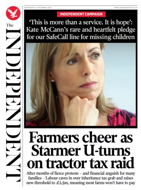 "Farmers cheer as Starmer U-turns on tractor tax raid" reads the headline on the front page of the Independent.