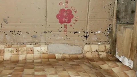 Gloucester City Council A large amount of mouse droppings can be seen scattered across a cardboard box in a takeaway kitchen, which has uneven lino walls