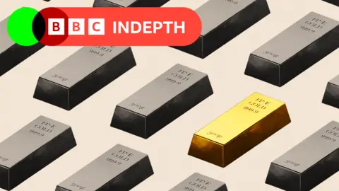 A treated image which shows rectangular pieces with the words "fine gold 999.9" written on them. One is illuminated in the colour gold while the rest are in black and white treatment.
