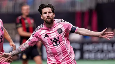 Inter Miami forward Lionel Messi celebrates scoring a goal against Atlanta United