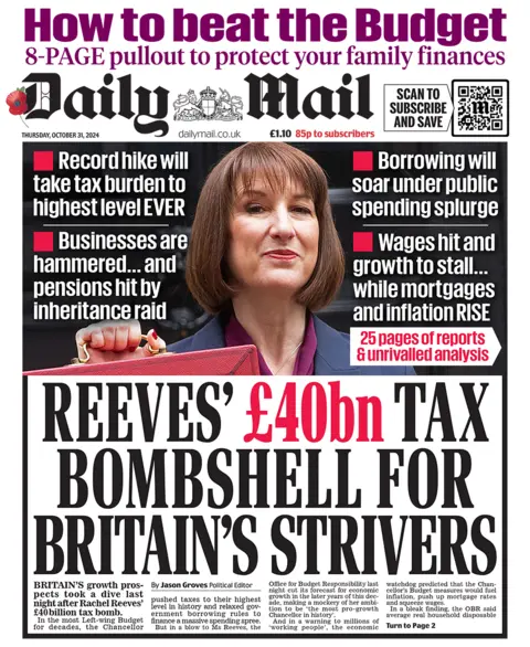 The headline in the Mail reads: "Reeves £40bn tax bombshell for Britain's strivers". 