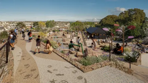 A generated image of Fort Regent outdoors. Winding mosaic paths, stone walls, gardens, and seating areas. Many people are scattered throughout the space. Trees and planted areas fill the park, and a small pavilion-like structure and decorative metal flower sculptures are visible. Town spreads across the background under a blue sky.