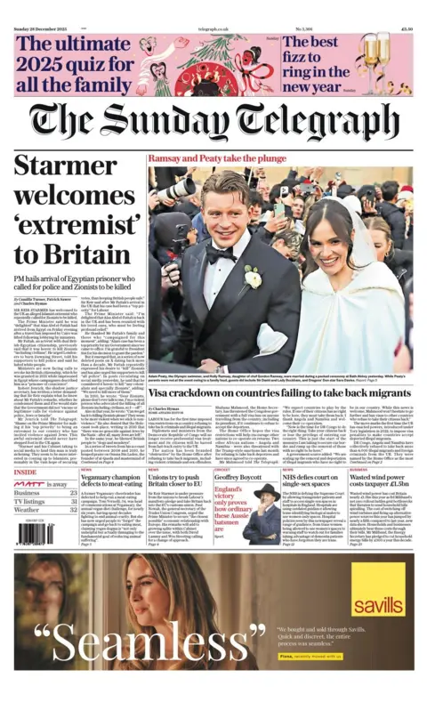 The headline on the front page of the Sunday Telegraph reads: "Starmer welcomes 'extremist' to Britain".