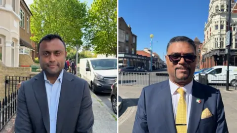 A composite image of two men in suits in an outdoor setting looking into the camera. Both are candidates for mayor of Newham.