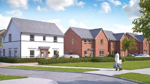 A CGI mock-up of several two-storey new-build homes. One house is white with a grey pitched roof. The house next to it is red brick and a similar design. A woman and a child walk on a path outside the buildings. 