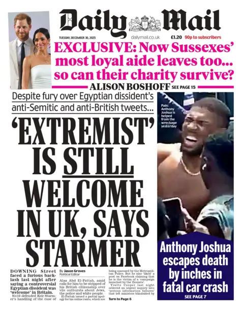 "'Extremist' is still welcome in UK, says Starmer" reads the headline on the front page of the Daily Mail.