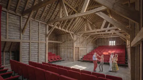 Simon Knight Architects An artist's impression of the theatre barn. There are about eight rows of red seats on one side and some rows of red seats on two other sides and a grey floor space for performances. This impression shows some people dancing. The sides of the barn are all wooden planks with a V-shaped ceiling.