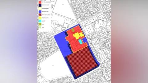 Peterborough City Council A white map with various bits around a school shaded in different colours showing which bits of land would be fenced off and closed to the public. 