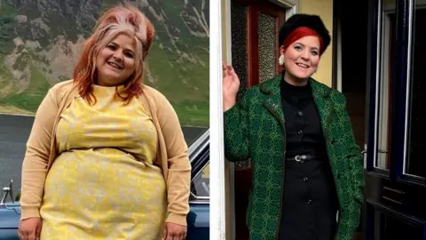 Two photos of a woman. On the left she is wearing a yellow dress and is 25 stone. On the right she is wearing a green patterned coat and black dress. She is now eight stone