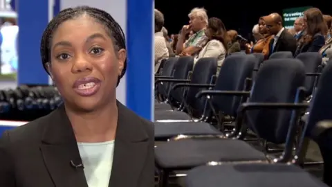 A split screen image of Kemi Badenoch on the left and a row of empty seats on the right.